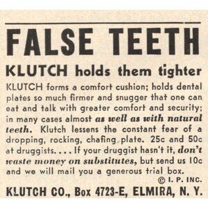 Klutch False Teeth Comfort Cushion Vintage Print Ad 1947 Elmira NY u Original